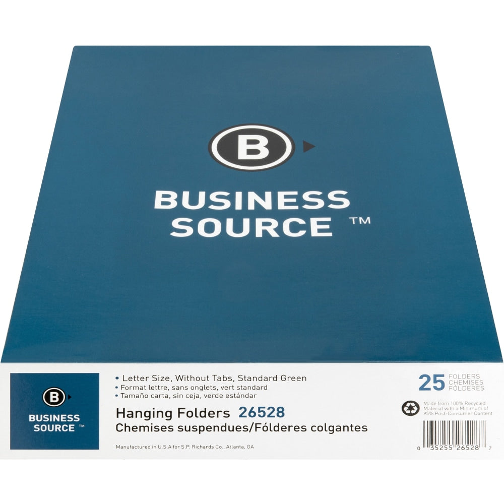 Business Source Standard Hanging File Folders, Letter Size, Green, Box Of 25 Folders