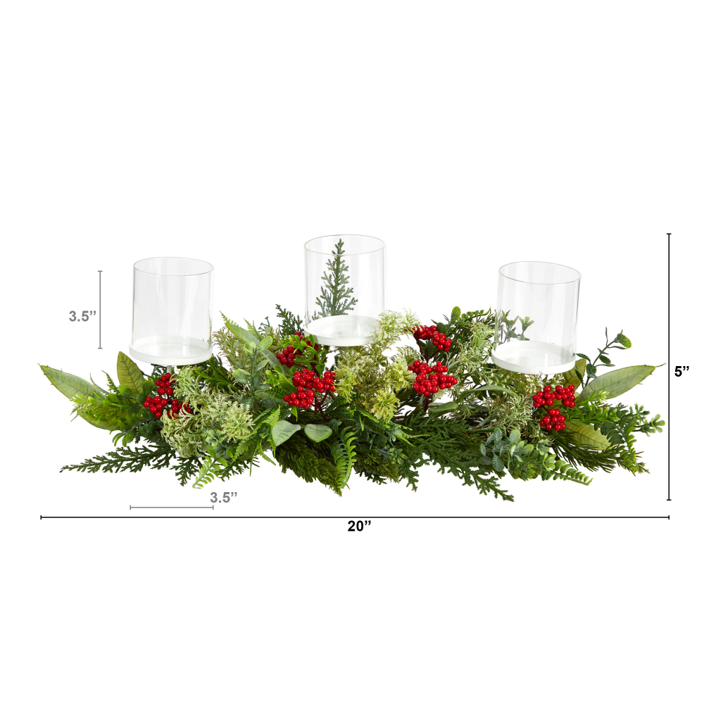 Nearly Natural 5inH Holiday Winter Greenery And Berries Triple Candle Holder Artificial Christmas Table Arrangement, 5inH x 20inW x 4inD, Clear/Green/Red