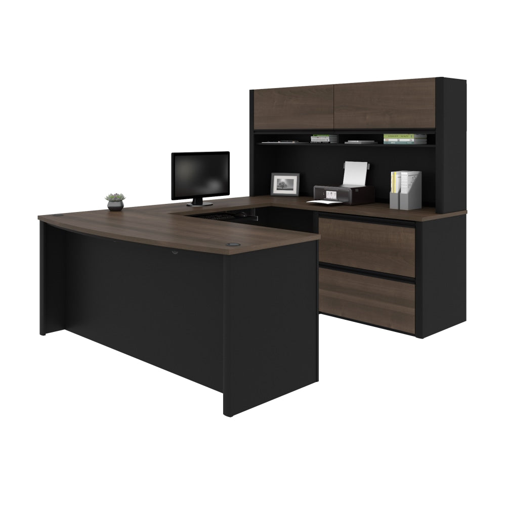 Bestar Connexion 72inW U-Shaped Executive Computer Desk With Lateral File Cabinet And Hutch, Antigua/Black