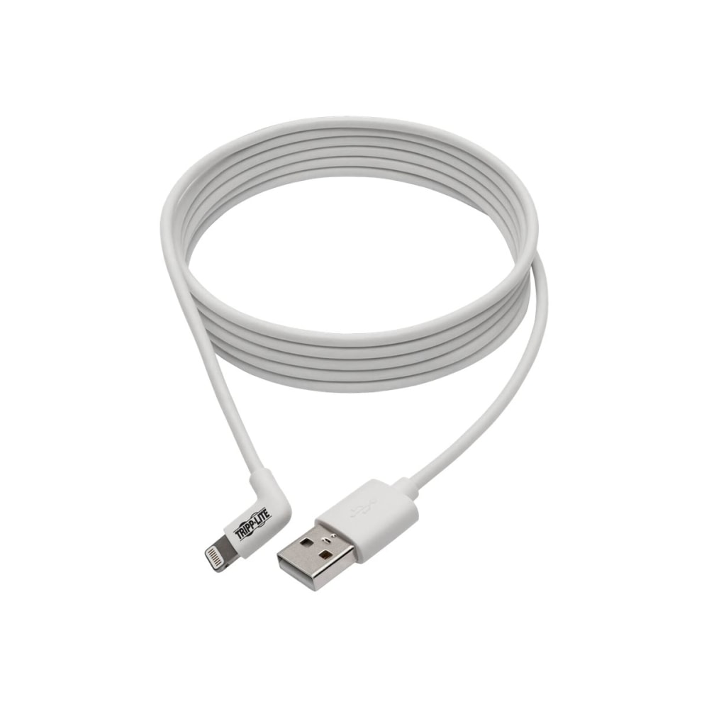 Tripp Lite Lightning to USB Sync Charge CAble Right-Angle for iPhones iPads Apple White 6ft 6ft - 60 MB/s - 6 ft - 1 x Type A Male USB - 1 x Lightning Male Proprietary Connector - MFI - Nickel Plated Connector - Gold Plated Contact - White