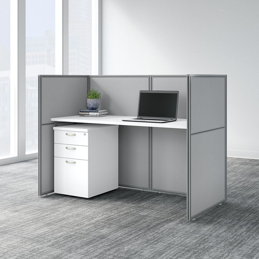 Bush Business Furniture Easy Office 60inW Straight Desk With File Cabinet And 45inH Closed Panels, Pure White/Silver Gray, Standard Delivery