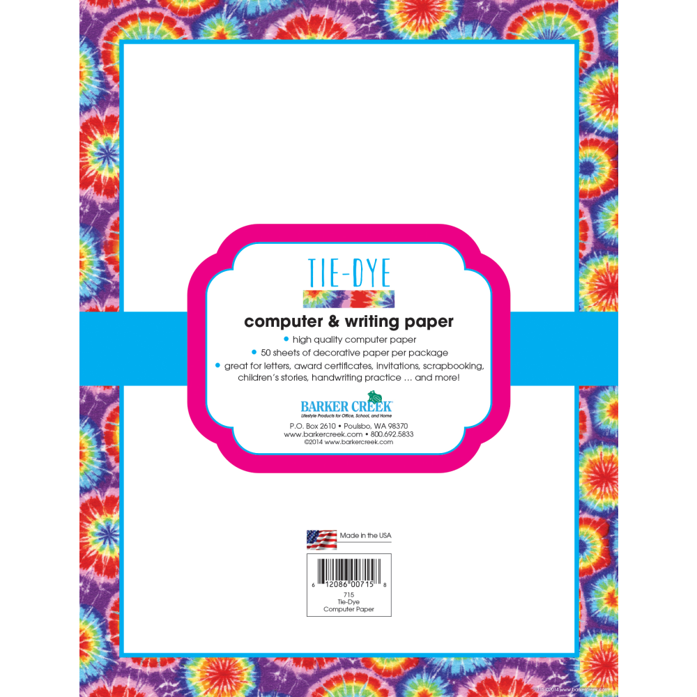 Barker Creek Computer Paper, 8 1/2in x 11in, Tie-Dye, Pack Of 50 Sheets