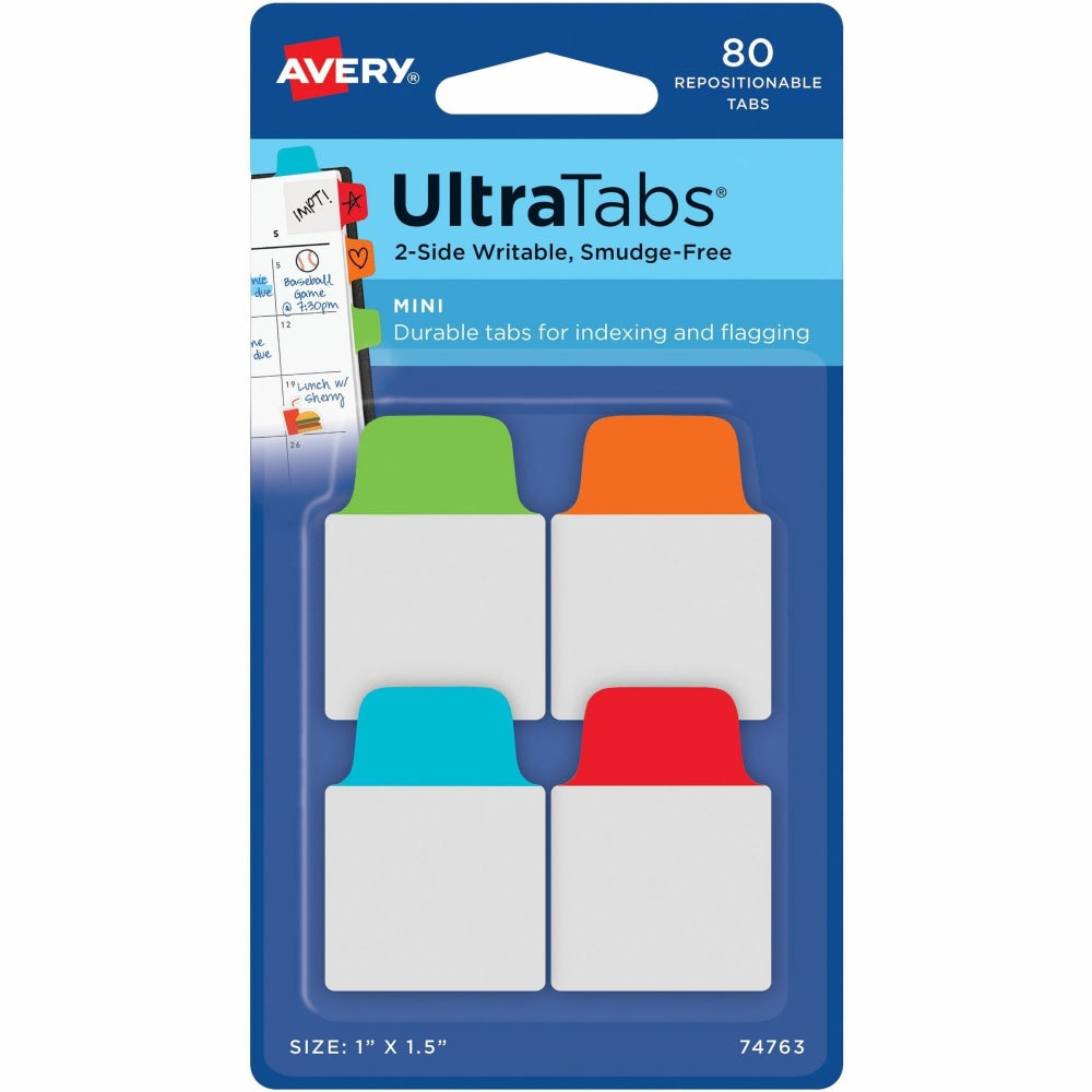 Avery UltraTabs Repositionable Mini Tabs - Write-on Tab(s) - 1.50in Tab Height x 1in Tab Width - Assorted Tab(s) - 80 / Pack