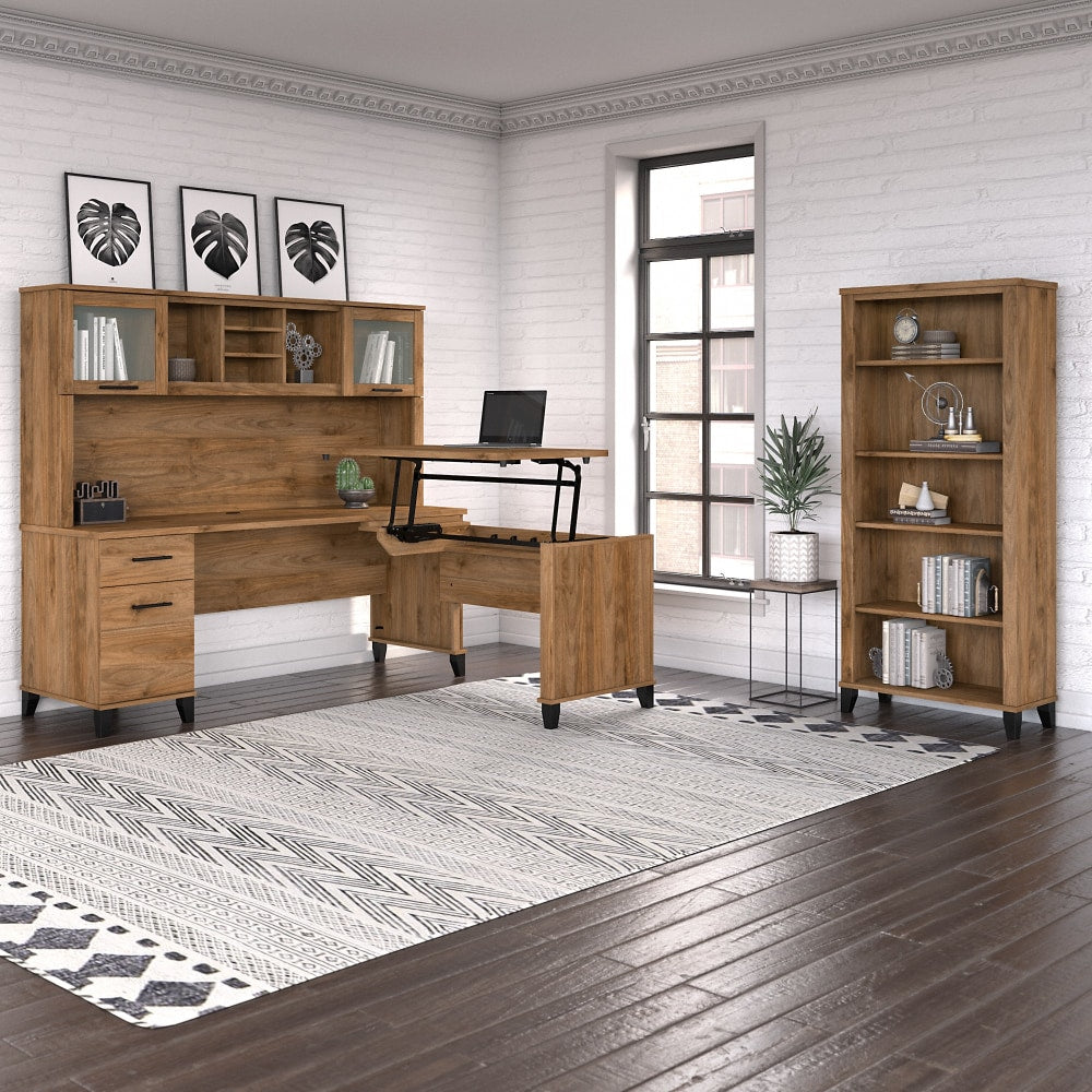 Bush Furniture Somerset 72inW 3-Position Sit-to-Stand L-Shaped Desk With Hutch And Bookcase, Fresh Walnut, Standard Delivery