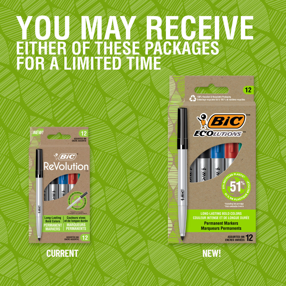 BIC Ecolutions Permanent Markers, Fine Point, 51% Recycled, Silver Barrels, Assorted Ink, Pack Of 12 Markers