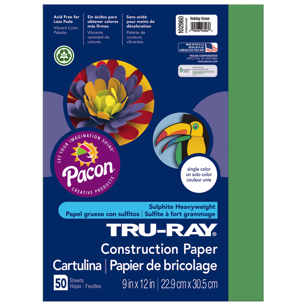 Tru-Ray Construction Paper, 50% Recycled, 9in x 12in, Holiday Green, Pack Of 50