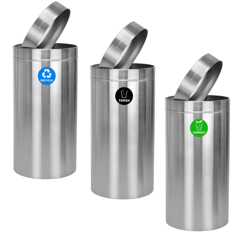 Alpine Industries Stainless Steel Compost Bin, Recycling Can And Trash Receptacle, 27 Gallons, Silver, Set Of 3 Receptacles