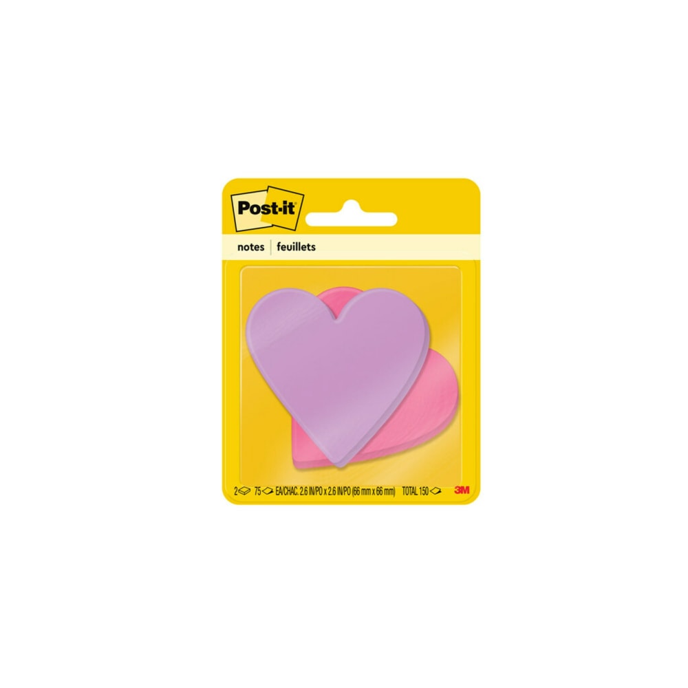 Post-it Notes, Super Sticky Die-Cut Heart Shape, 3in x 3in, Purple, Pink, 75 Sheets Per Pad, Pack Of 2 Pads