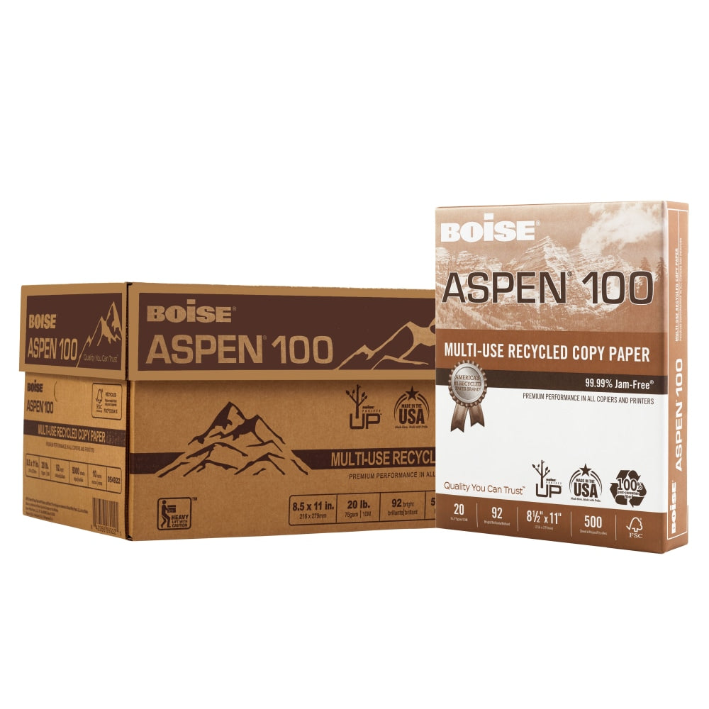 Boise ASPEN 100 Multi-Use Printer & Copy Paper, White, Letter (8.5in x 11in), 200000 Sheets Per Pallet, 20 Lb, 92 Brightness, 100% Recycled, FSC Certified, Case Of 10 Reams