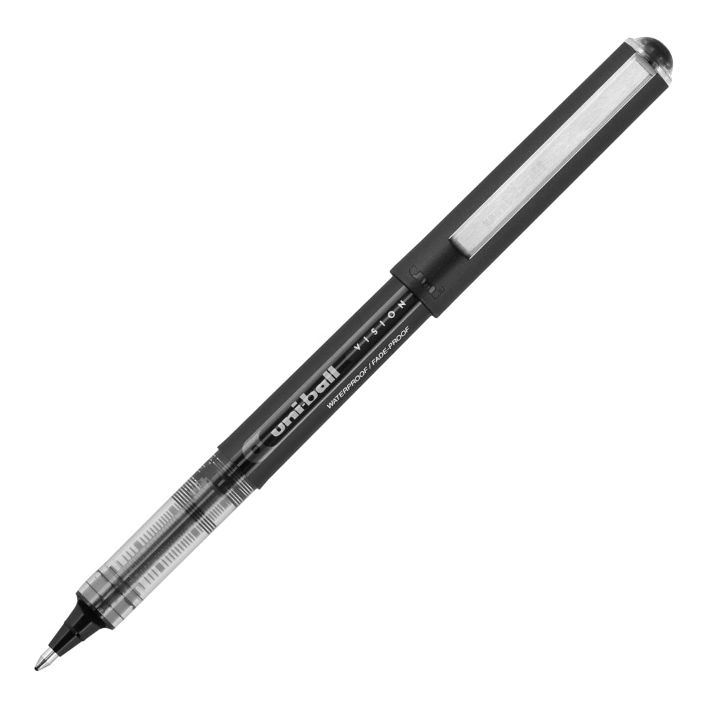 uni-ball Vision Liquid Ink Rollerball Pens, Bold Point, 1.0 mm, Black Barrel, Black Ink, Pack Of 12 Pens