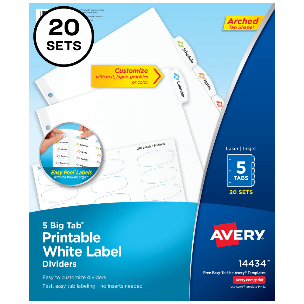 Avery Big Tab Printable Label Dividers With Easy Peel, 8-1/2in x 11in, 5 Tab, White, Pack Of 20 Sets