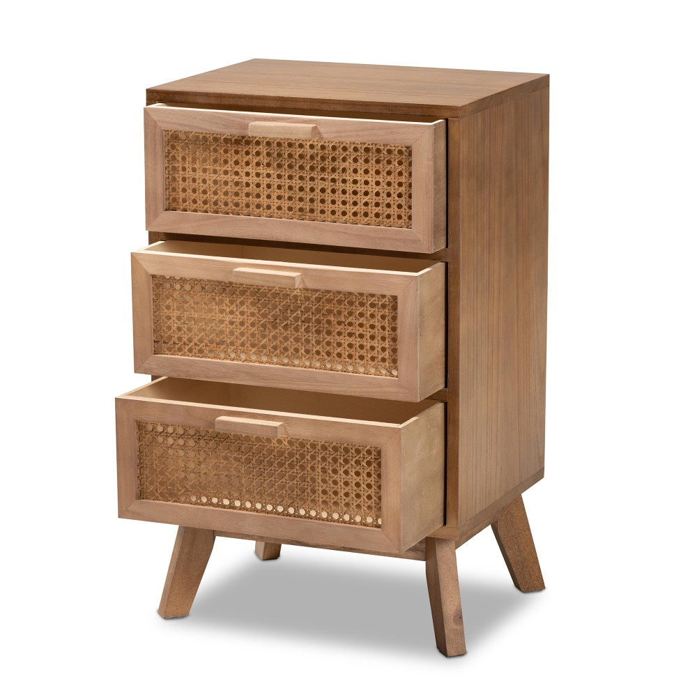 Baxton Studio Baden Nightstand With Rattan, 3-Drawer, 26inH x 15-3/4inW x 11-13/16inD, Natural/Walnut Brown