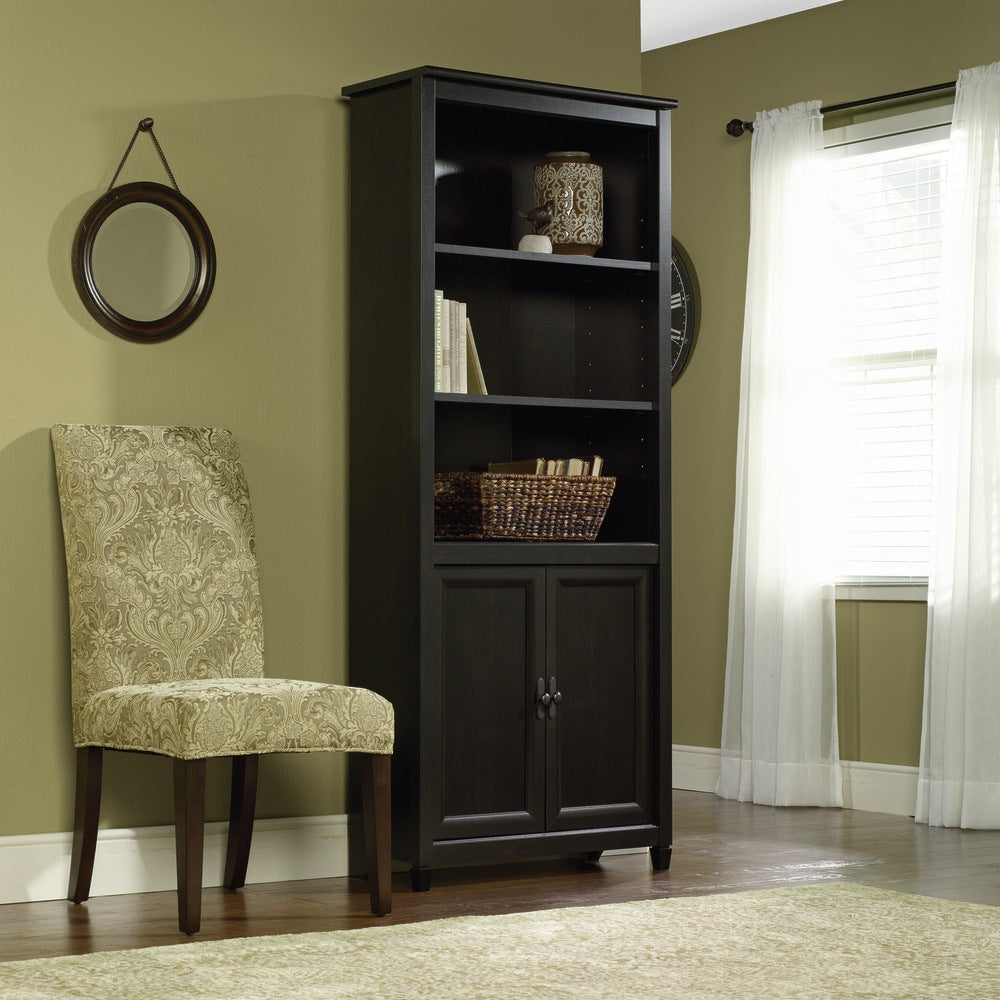 Sauder Edge Water 71 7/8inH 5-Shelf Cottage Library With Doors, Black/Dark Finish, Standard Delivery