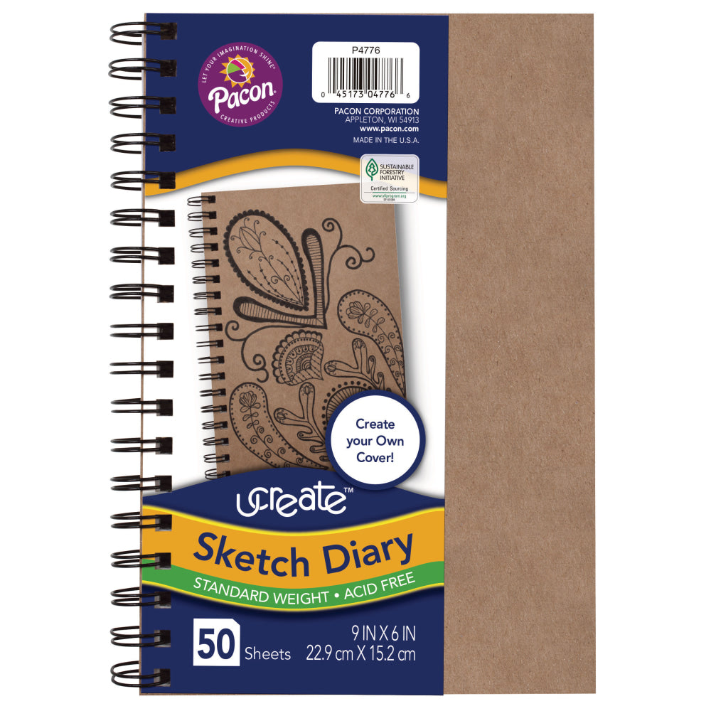 Pacon UCreate Create Your Own Cover Sketch Diaries, 9in x 6in, Natural, 50 Sheets, Pack Of 6 Diaries