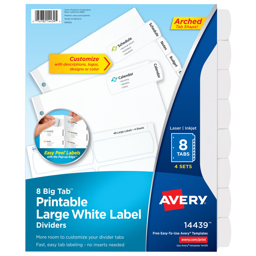 Avery Big Tab Printable Large Label Dividers With Easy Peel, 8 1/2in x 11in, 8 Tab, White, Pack Of 4