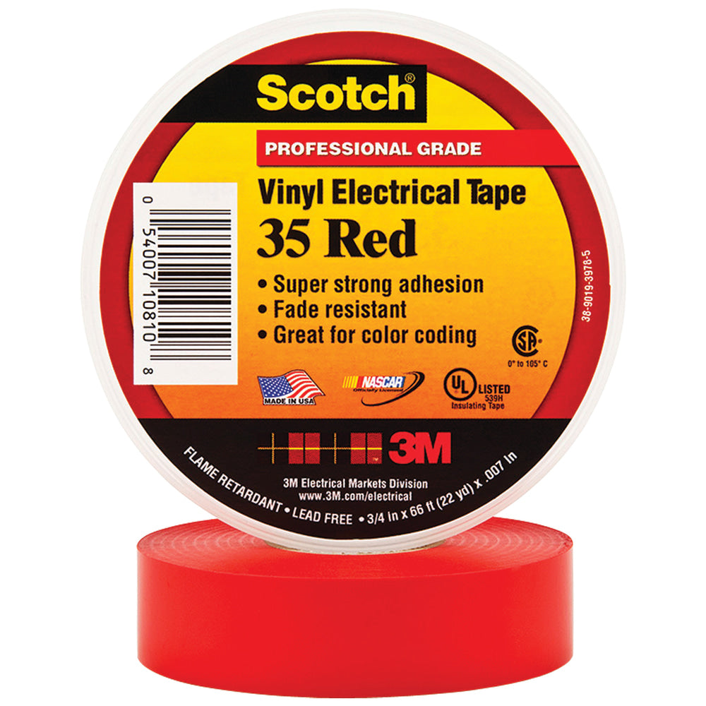 3M 35 Color-Coded Vinyl Electrical Tape, 1.5in Core, 0.75in x 66ft, Red, Pack Of 10