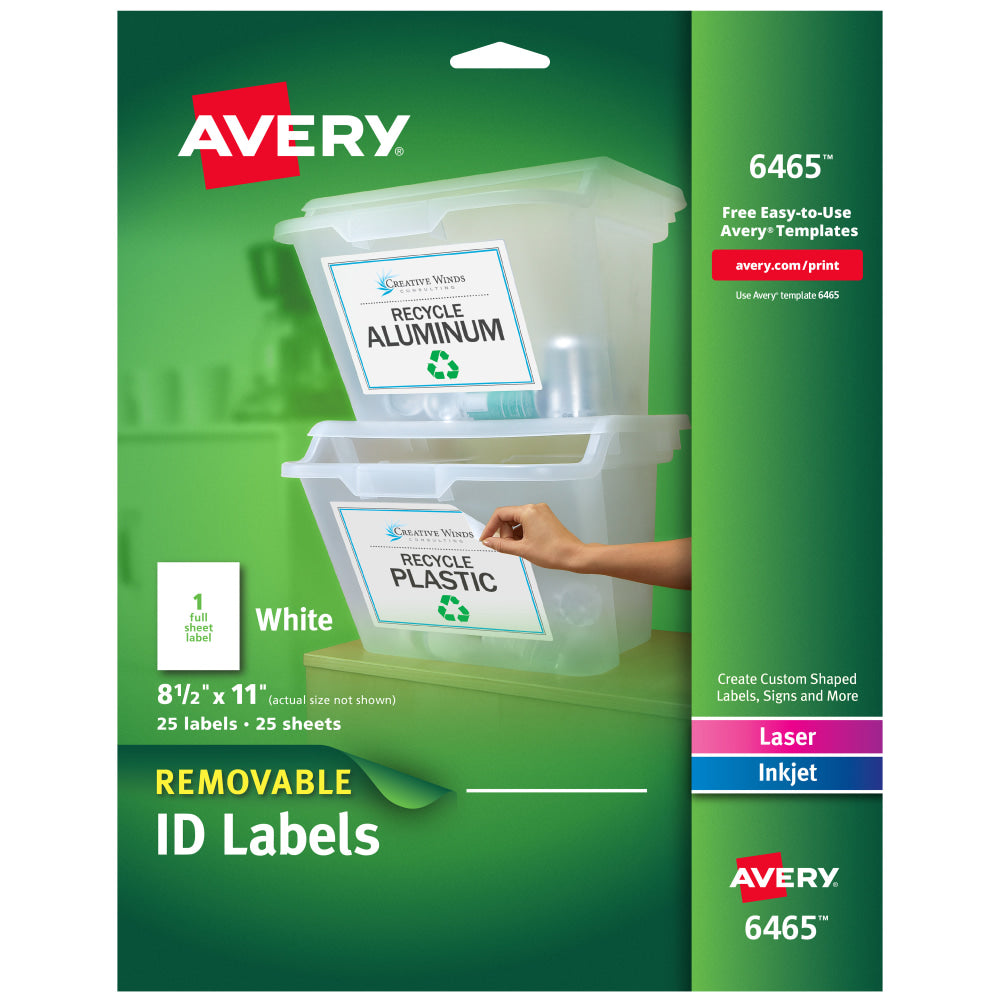 Avery Self-Adhesive Removable ID Labels, 6465, Rectangle, 8.5in x 11in, White, Pack Of 25