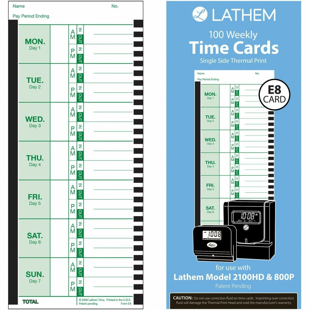 Lathem Time Cards, E8-100, Weekly, 1-Sided, 8 1/2in x 3 3/4in, White, Box Of 100