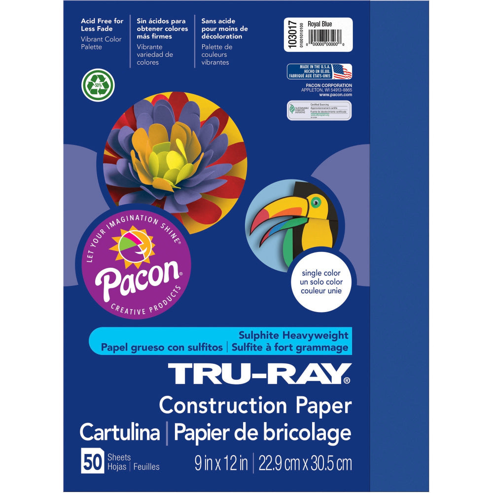 Tru-Ray Construction Paper, 50% Recycled, 9in x 12in, Royal Blue, Pack Of 50