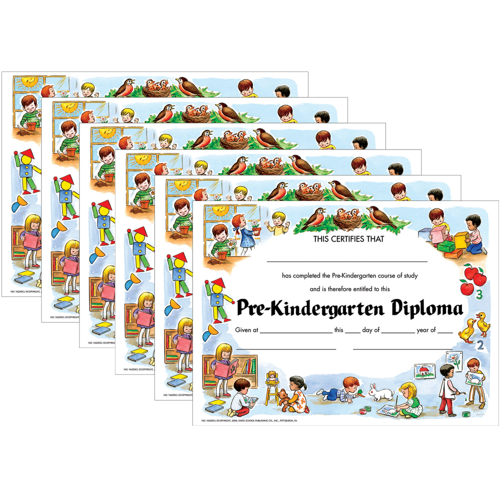 Hayes Pre-Kindergarten Diplomas, 8-1/2in x 11in, 30 Diplomas Per Pack, Set Of 6 Packs