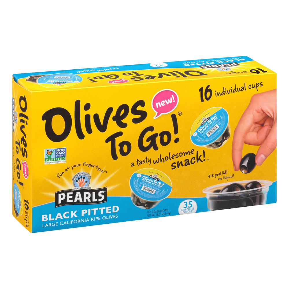 Pearls Large Black Pitted Olives To-Go Cups, 1.2 Oz, Pack Of 16 Cups