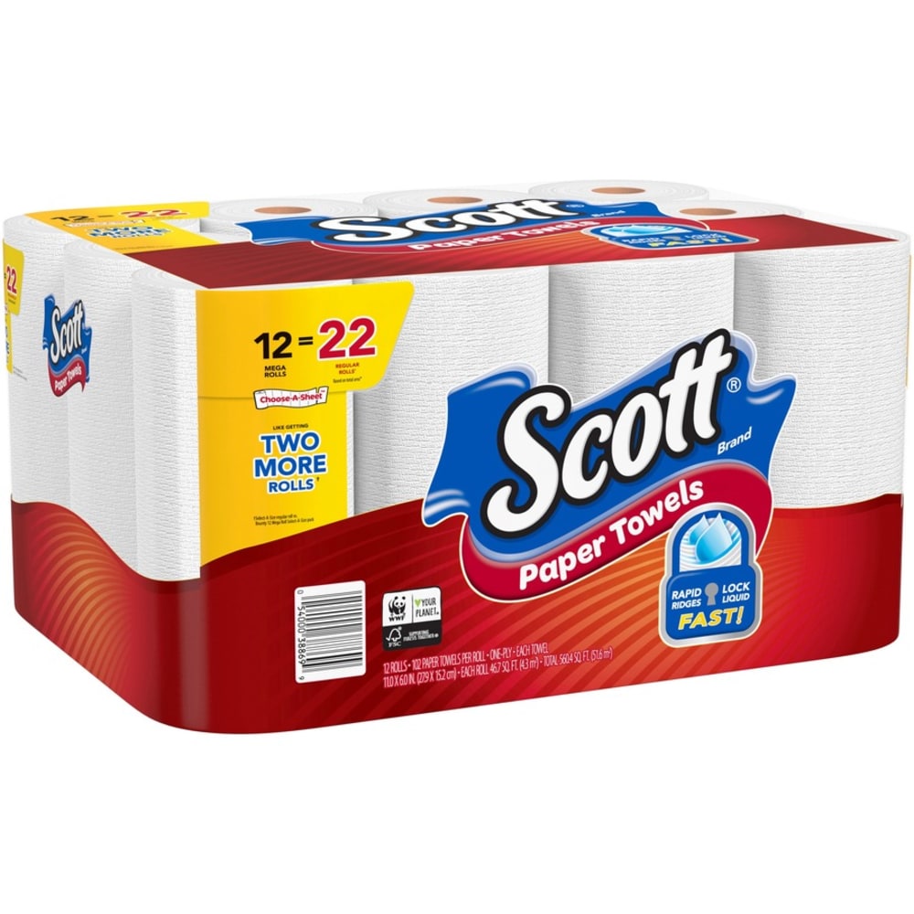 Scott Choose-A-Sheet Paper Towels - Mega Rolls - 1 Ply - 11in x 6in - 102 Sheets/Roll - White - 12 Per Pack - 2 / Carton