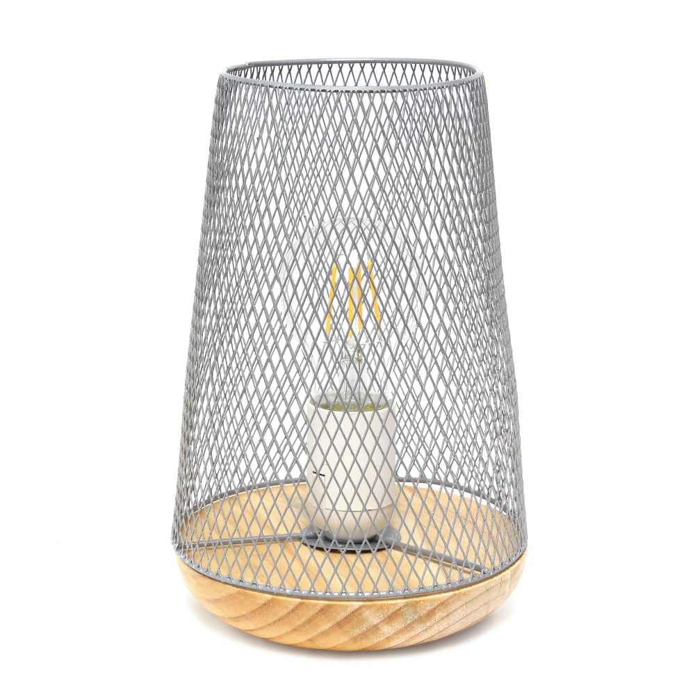 Simple Designs Wired Mesh Uplight Table Lamp, 9inH, Gray Shade/Natural Wood Base