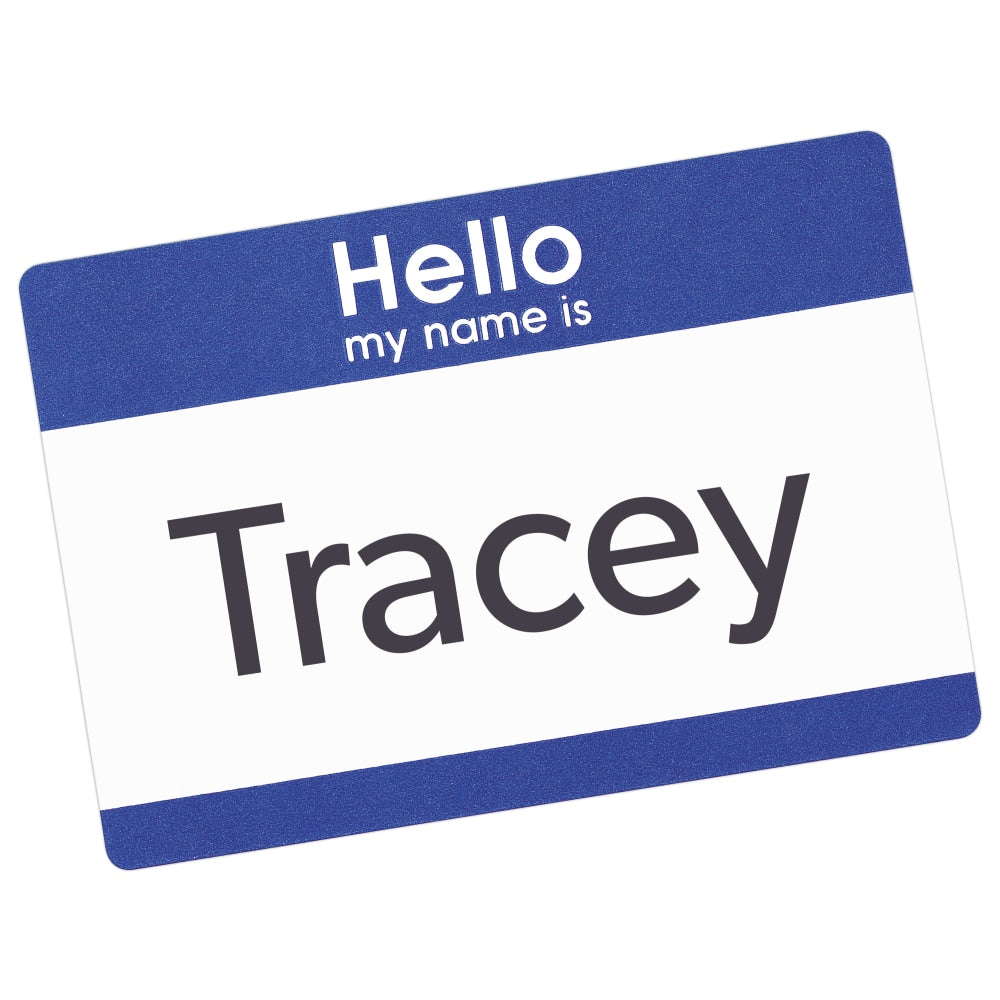 Avery "Hello My Name Is" Name Tags, 05141, 2-1/3in x 3-3/8in, White With Blue Border, 100 Removable Name Badges