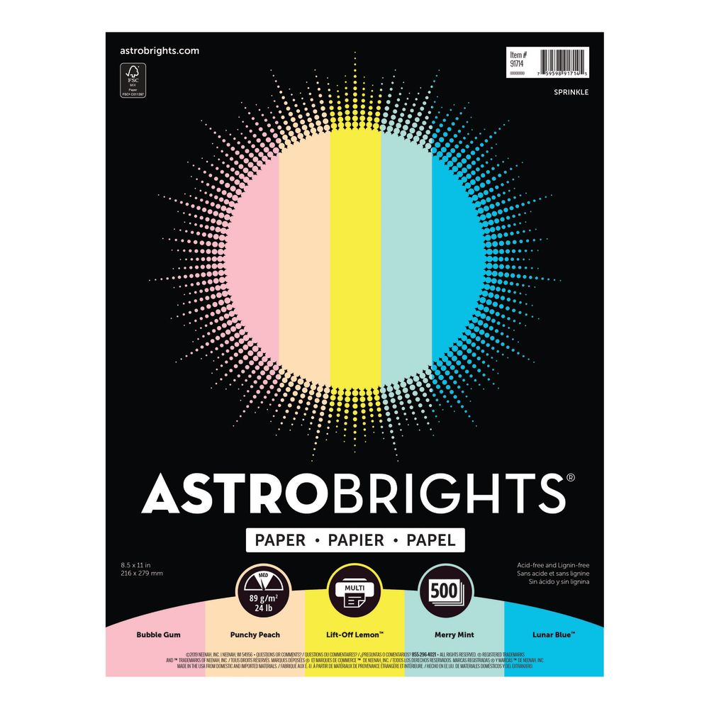 Astrobrights Color Multi-Use Printer & Copy Paper, Assorted Colors, Letter (8.5in x 11in), 500 Sheets Per Ream, 24 Lb, 94 Brightness