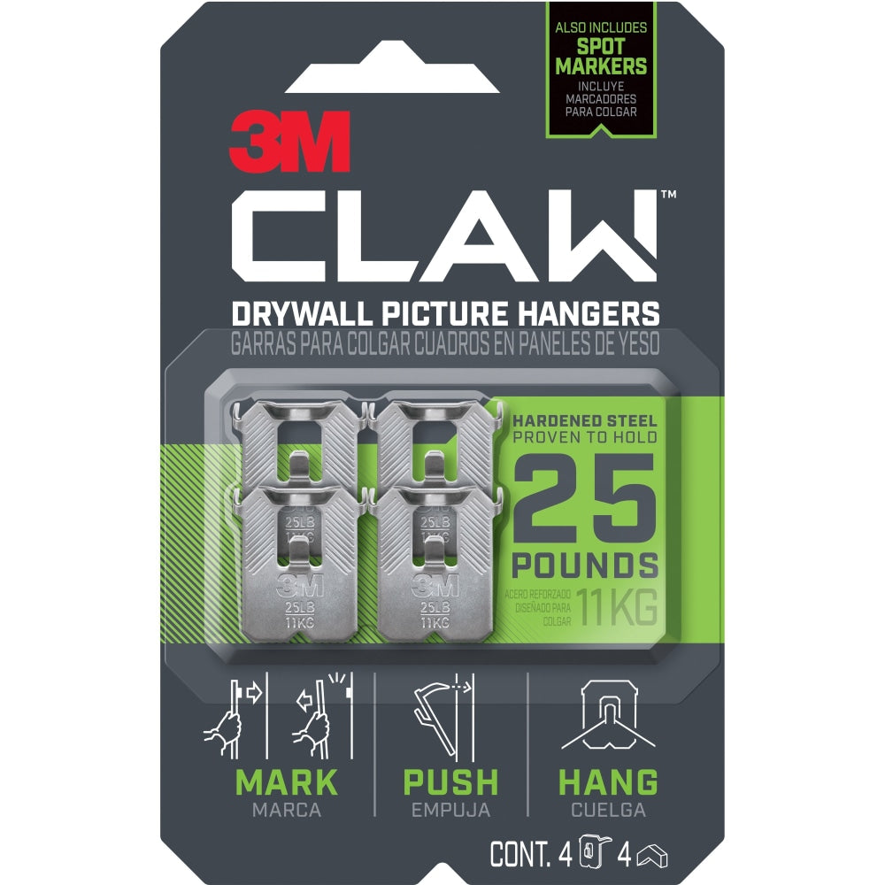 3M CLAW Drywall Picture Hanger 25-lb Capacity, Pack of 4 Hangers, 4 Spot Markers