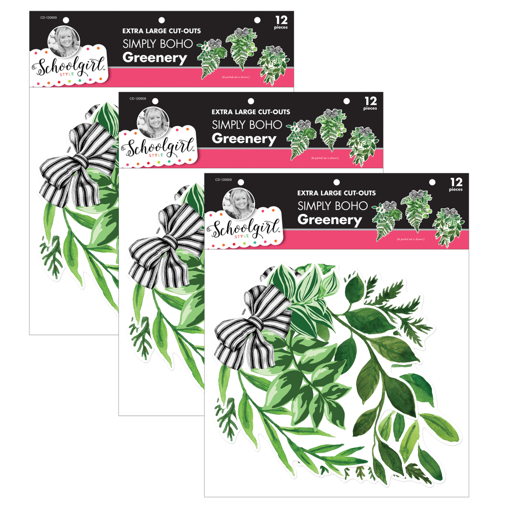 Carson Dellosa Education Cut-Outs, Schoolgirl Style Simply Boho Greenery, 12 Cut-Outs Per Pack, Set Of 3 Packs