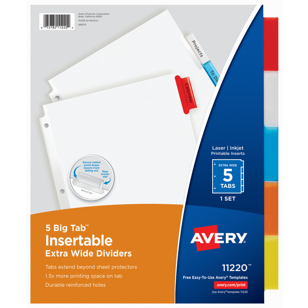 Avery Big Tab Extra-Wide Insertable Dividers, 9-1/4in x 11-1/8in, Clear Reinforced, White/Multicolor, 5-Tab