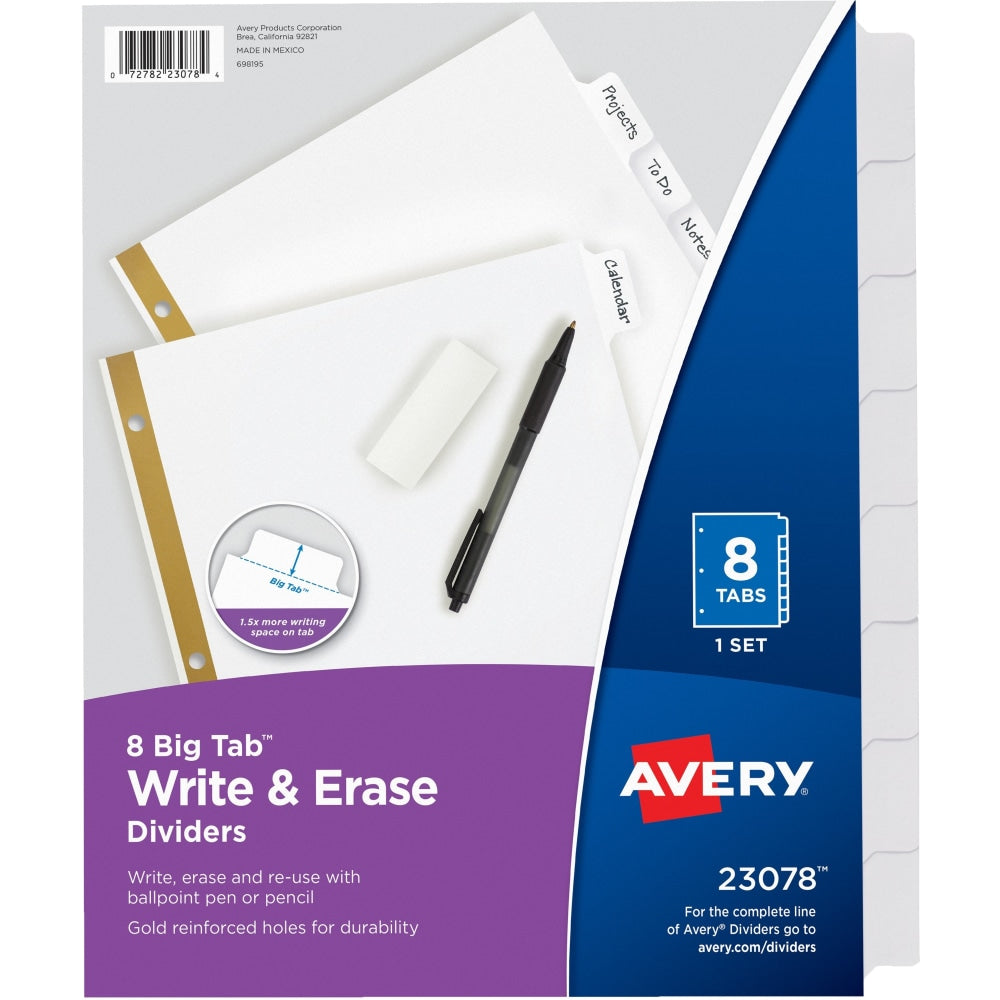 Avery Big Tab Write-On Tab Dividers With Erasable Laminated Tabs, 8-Tab, White