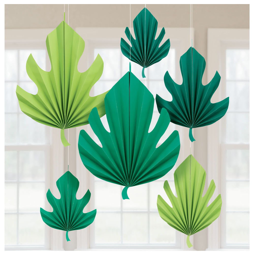 Amscan Summer Luau Palm Leaf Fan Decorations, 16in x 16in, Green, Pack Of 6 Decorations