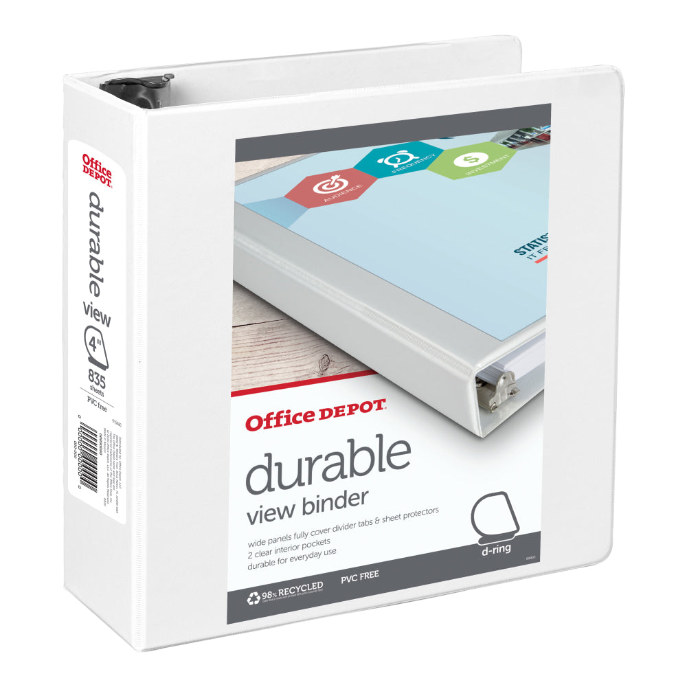 Office Depot Brand Durable View 3-Ring Binder, 4in Slant Rings, White