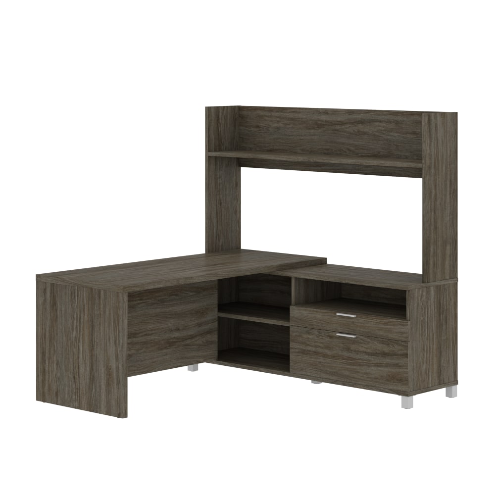 Bestar Pro-Linea 72inW L-Shaped Corner Desk With Single Shelf Hutch, Walnut Gray