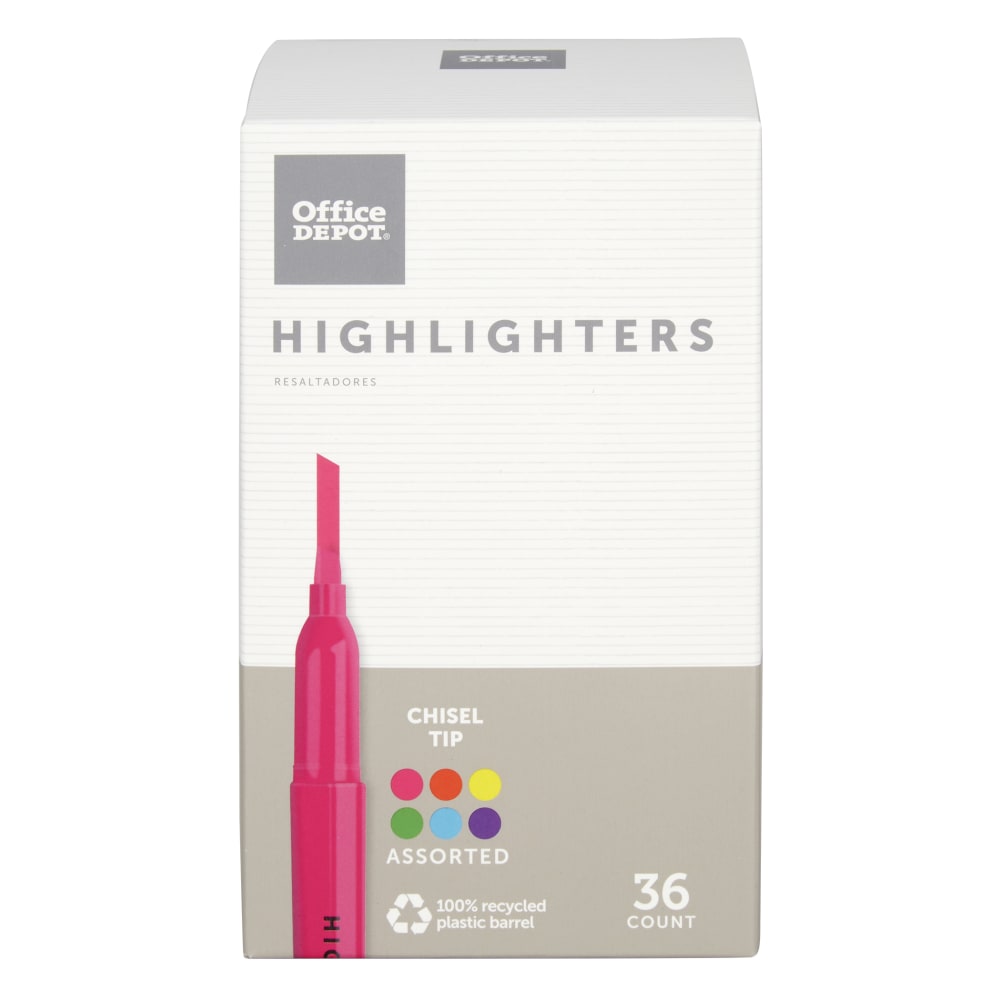 Office Depot Brand Pen-Style Highlighters, Chisel Tip, 100% Recycled Plastic Barrel, Assorted Colors, Pack Of 36