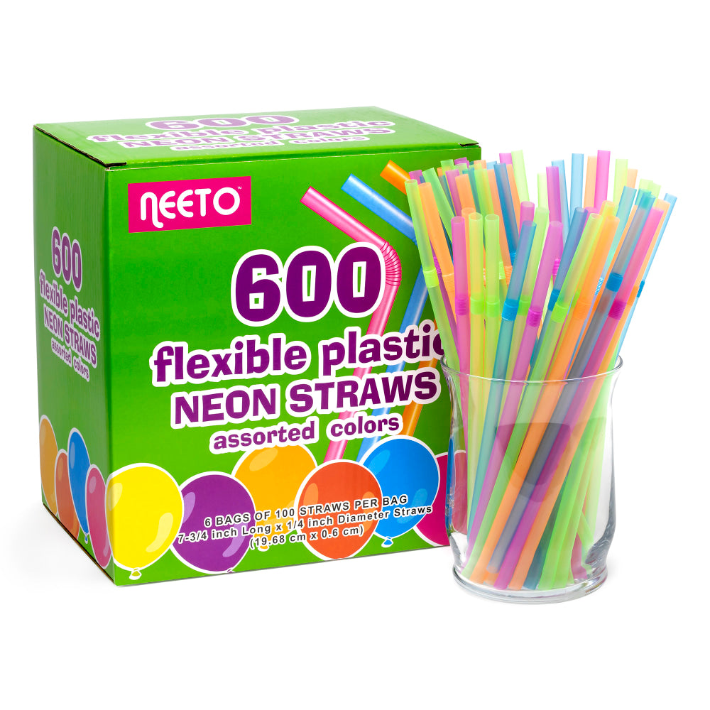 Neeto Flexible Plastic Neon Straws, Assorted Colors, Pack Of 600 Straws