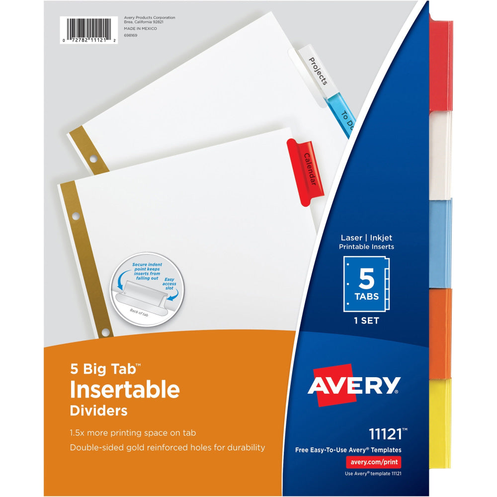 Avery Big Tab Insertable Dividers Gold Reinforced Edge, White/Multicolor, 5-Tab