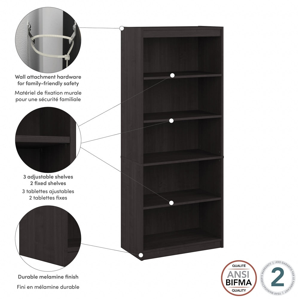 Bestar Ridgeley 72inH 5-Shelf Bookcase, Charcoal Maple