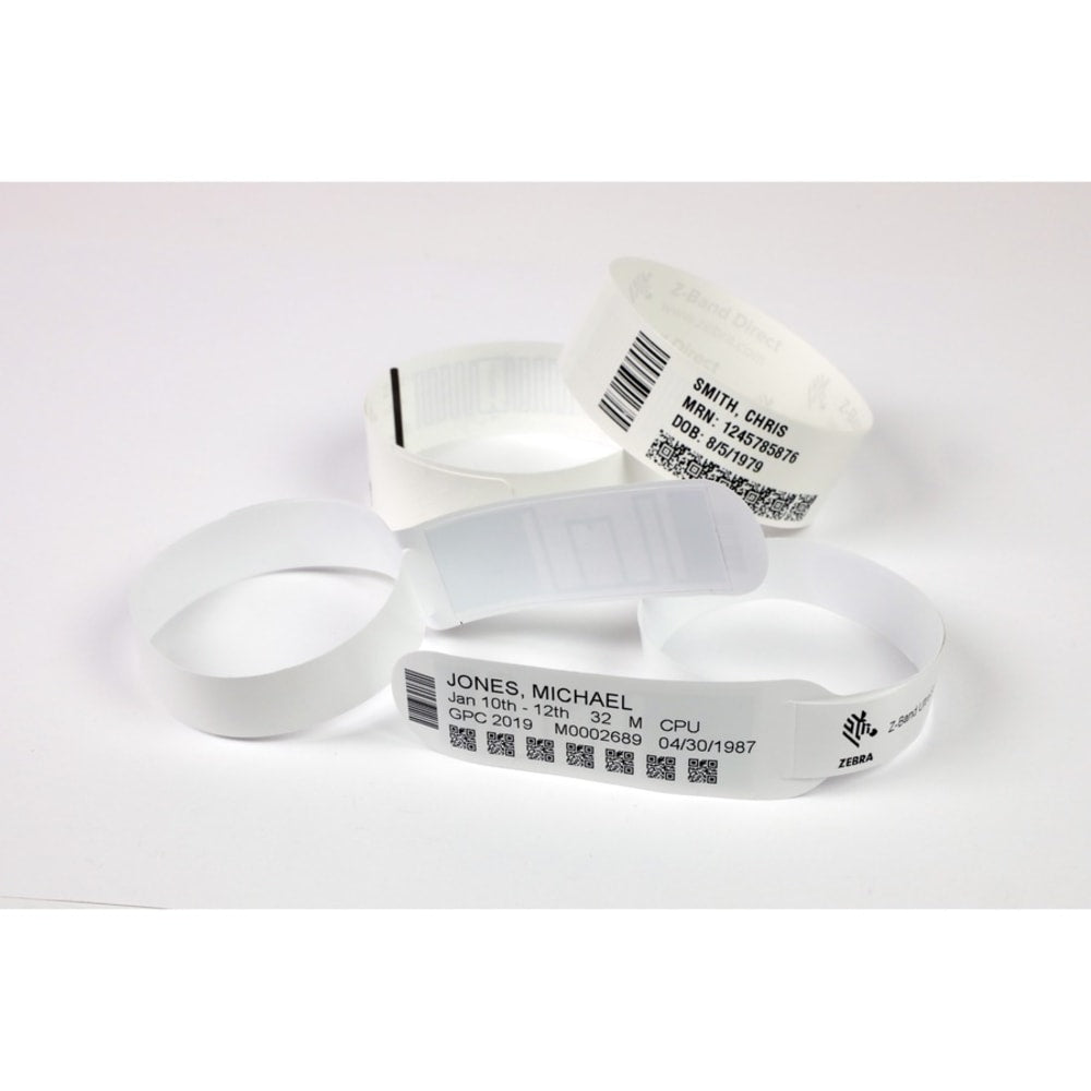 Zebra Polypropylene Wristband, 1in x 11in, White, 300 Per Roll, Case Of 6 Rolls