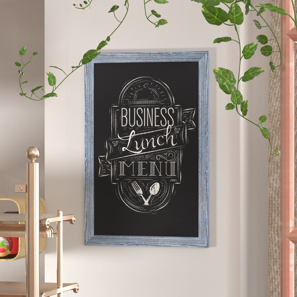 Flash Furniture Canterbury Wall-Mounted Magnetic Chalkboard Sign With Eraser, Porcelain Steel, 36inH x 24inW x 3/4inD, Blue Frame