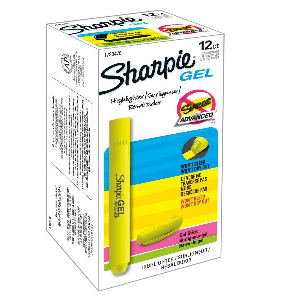 Sharpie Gel Highlighters, Fluorescent Yellow, Pack Of 12