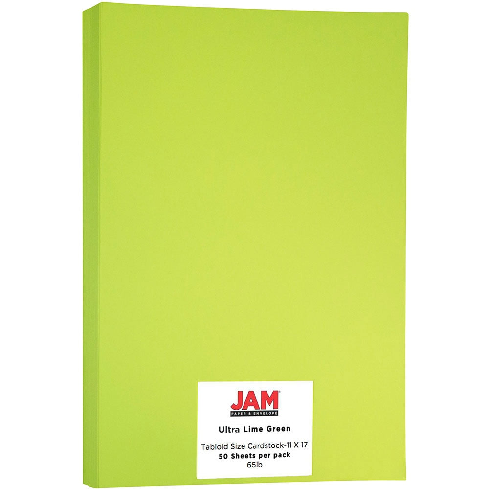 JAM Paper Card Stock, Lime Green, Ledger (11in x 17in), 65 Lb, 30% Recycled, Pack Of 50