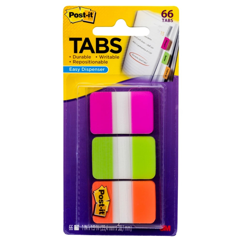 Post-it Notes Durable Filing Tabs, 1in x 1-1/2in, Green/Orange/Pink, 22 Flags Per Pad, Pack Of 3 Pads