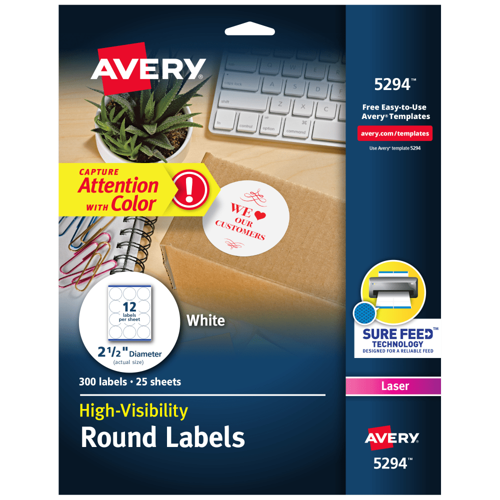 Avery High Visibility Labels With Sure Feed For Laser Printers, 5294, Round, 2-1/2in Diameter, White, Pack Of 300