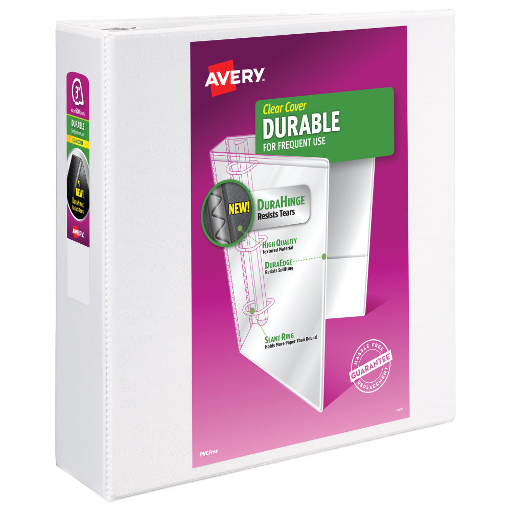 Avery Durable View 3 Ring Binder, 3in Slant Rings, White, 1 Binder