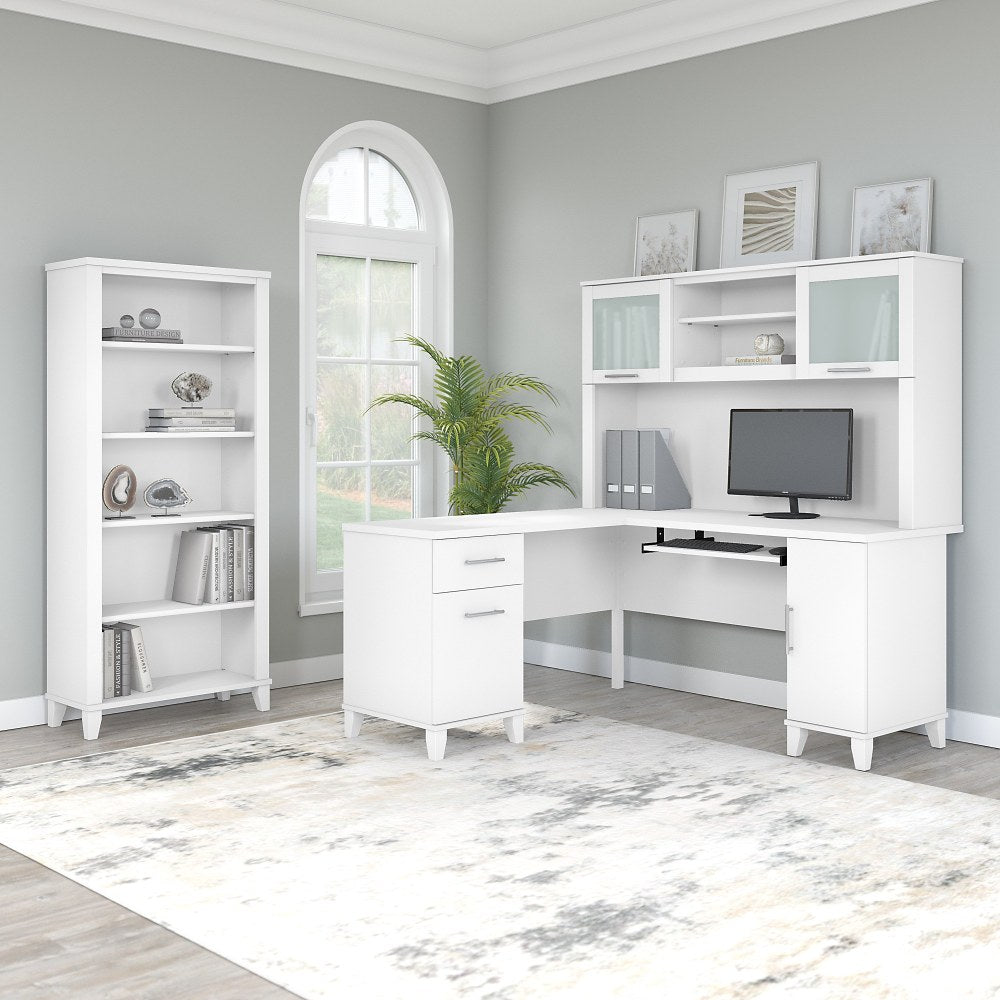 Bush Business Furniture Somerset 60inW L-Shaped Corner Desk With Hutch And 5-Shelf Bookcase, White, Standard Delivery