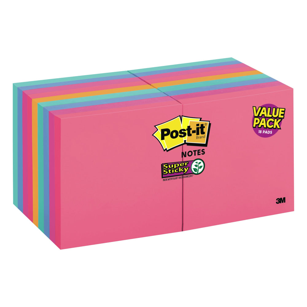 Post-it Super Sticky Notes, 3 in x 3 in, 18 Pads, 90 Sheets/Pad, 2x the Sticking Power, Assorted Colors