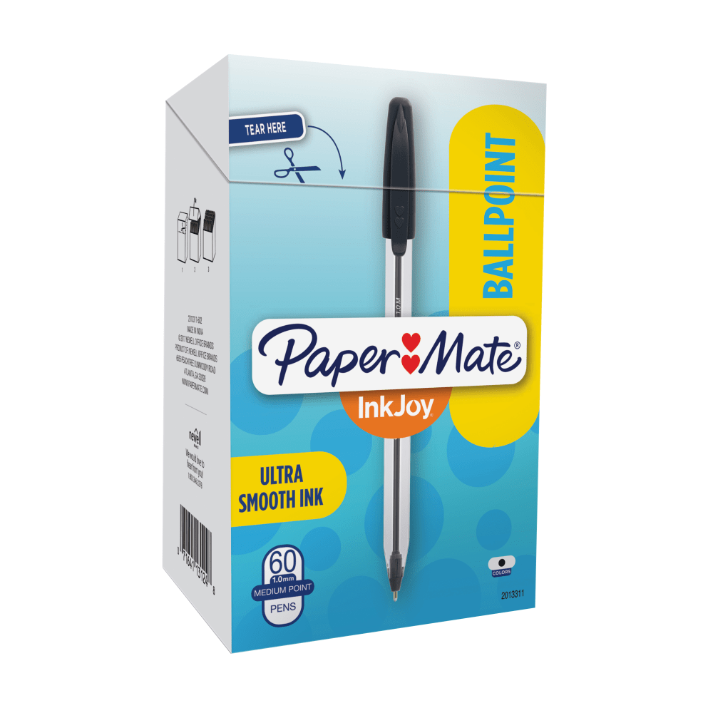 Paper Mate InkJoy 50ST Stick Ballpoint Pens, Medium Point, 1.0 mm, Clear Barrels, Black Ink, Box of 60